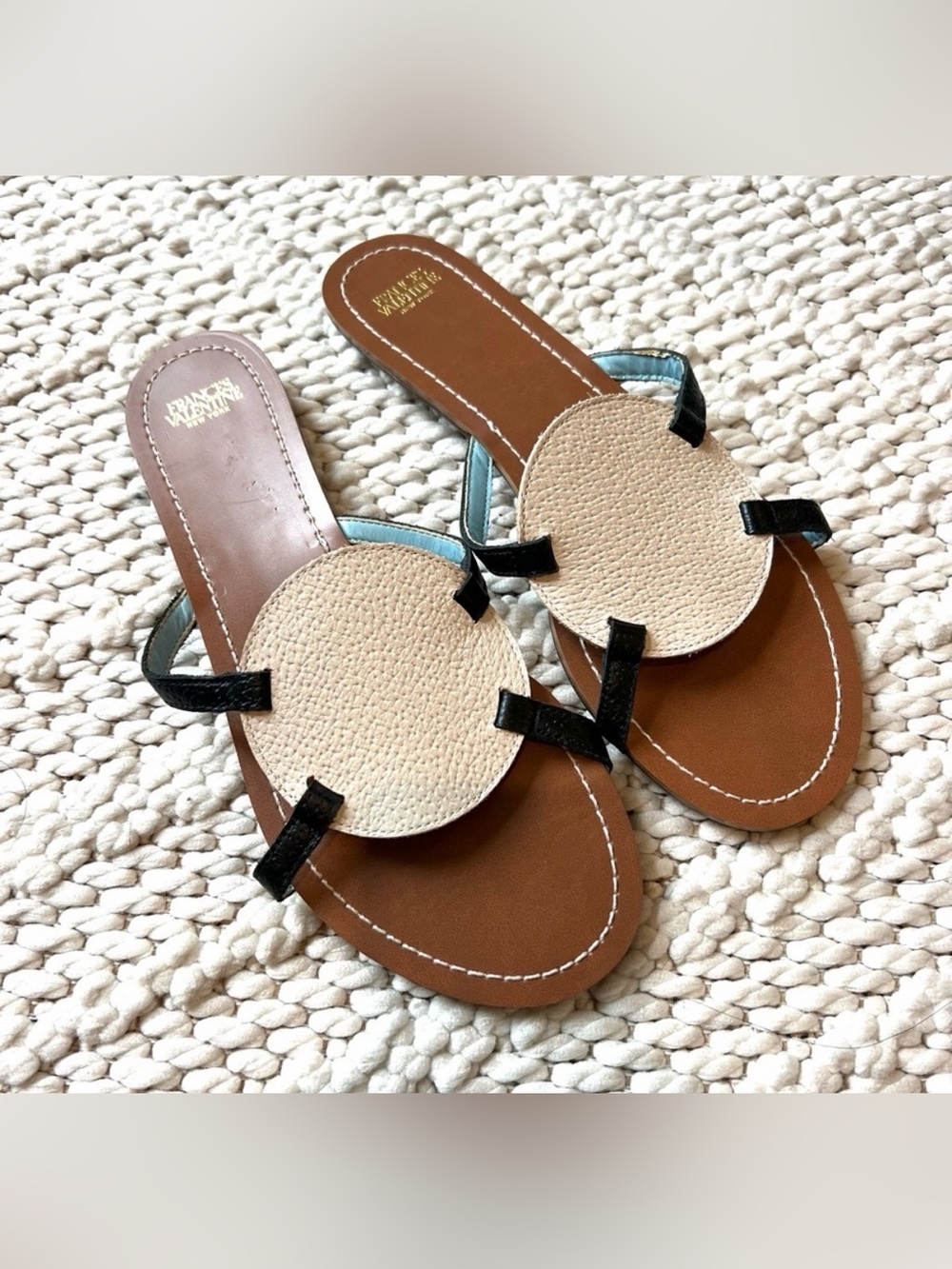 FRANCES VALENTINE NEW YORK Designer Circle Slide Blue Leather Sandals Womens 8